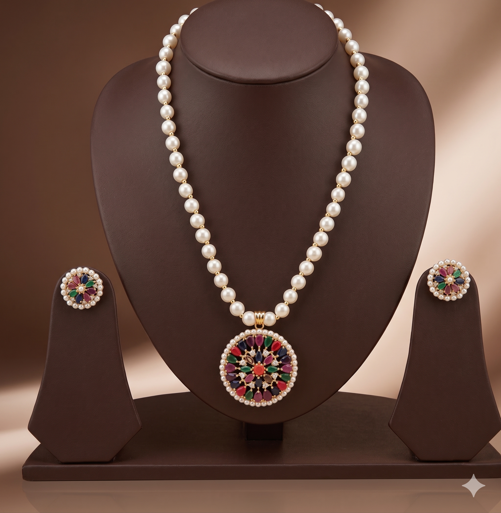 Multicolor Gemstone Freshwater Pearl Necklace & Earrings Set for Women