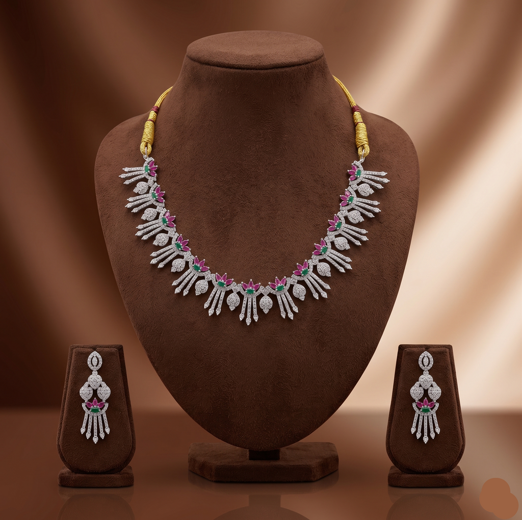 Multicolour American Diamond necklace set with pink and green stones and matching drop earrings.