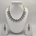 Multicolour American Diamond necklace set with pink and green stones and matching drop earrings.