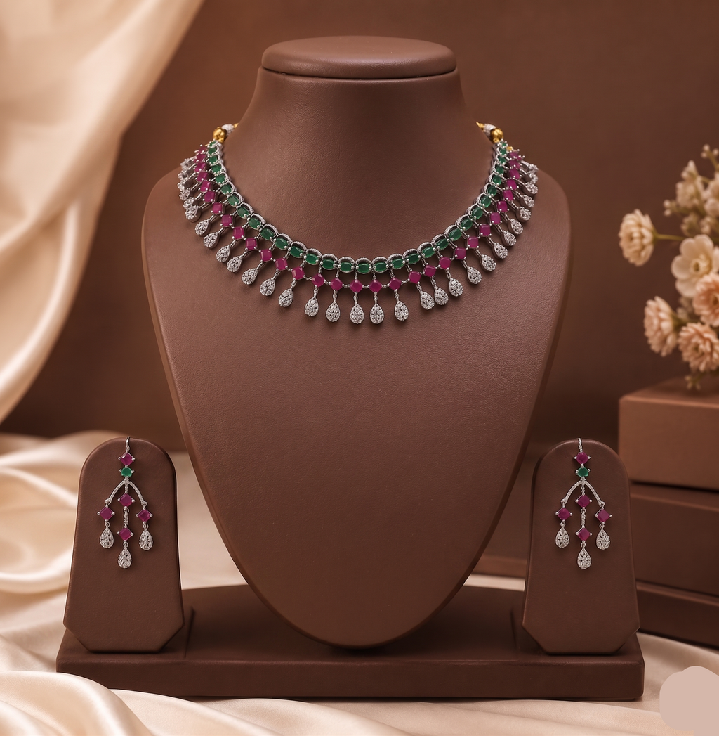 Multicolour American Diamond necklace set with pink and green stones and matching drop earrings.