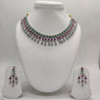 Multicolour American Diamond necklace set with pink and green stones and matching drop earrings.