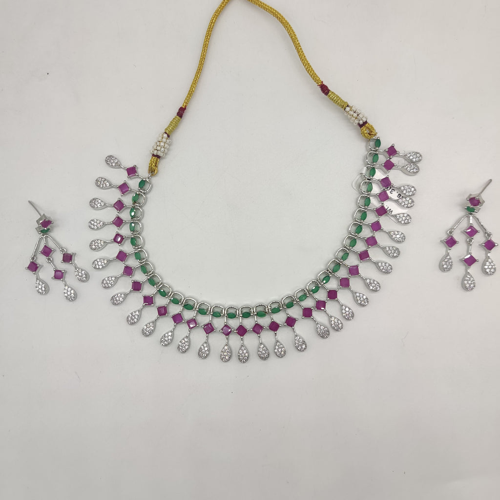 Multicolour American Diamond necklace set with pink and green stones and matching drop earrings.