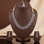Multicolour CZ bridal necklace set with emerald green, ruby red, and white stones