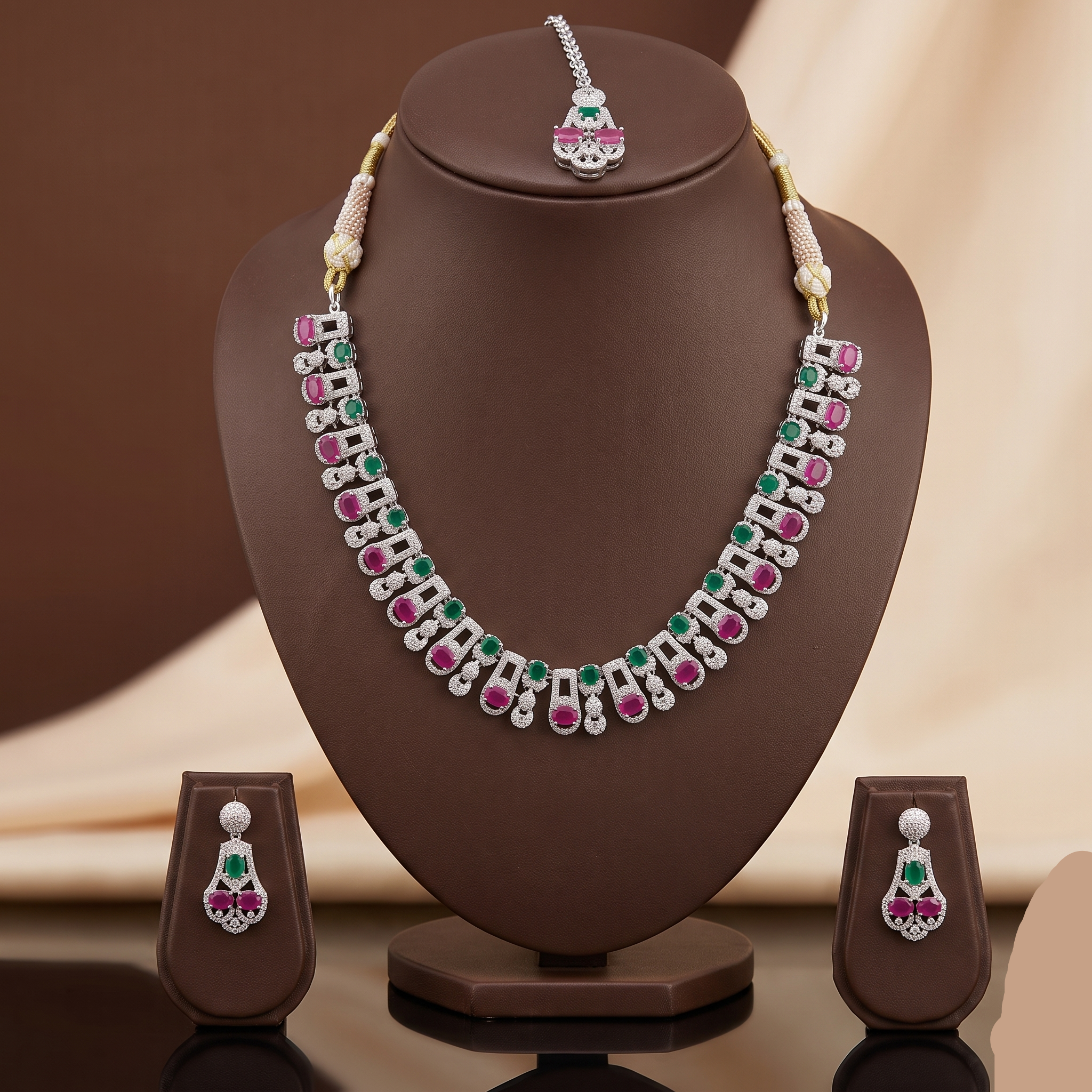 Multicolour CZ bridal necklace set with emerald green, ruby red, and white stones