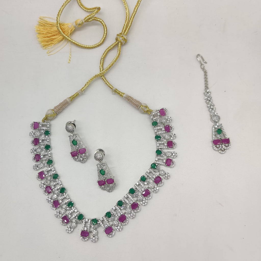 Multicolour CZ bridal necklace set with emerald green, ruby red, and white stones