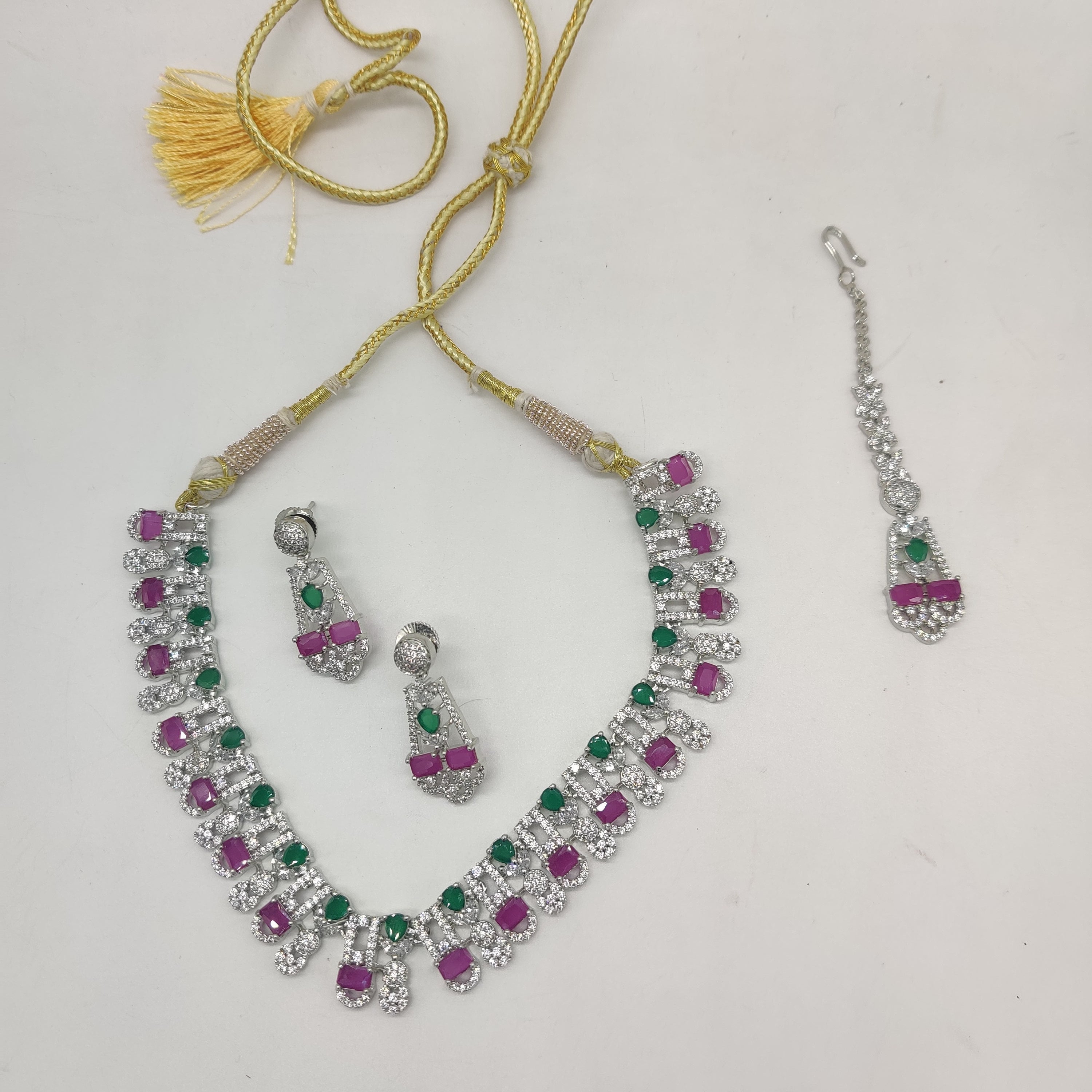 Multicolour CZ bridal necklace set with emerald green, ruby red, and white stones