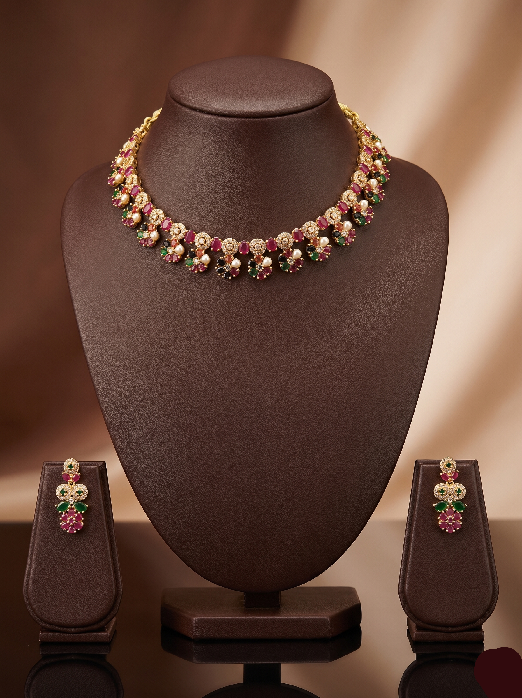 Multicolour stone choker set with red, green, and white stones and matching drop earrings.