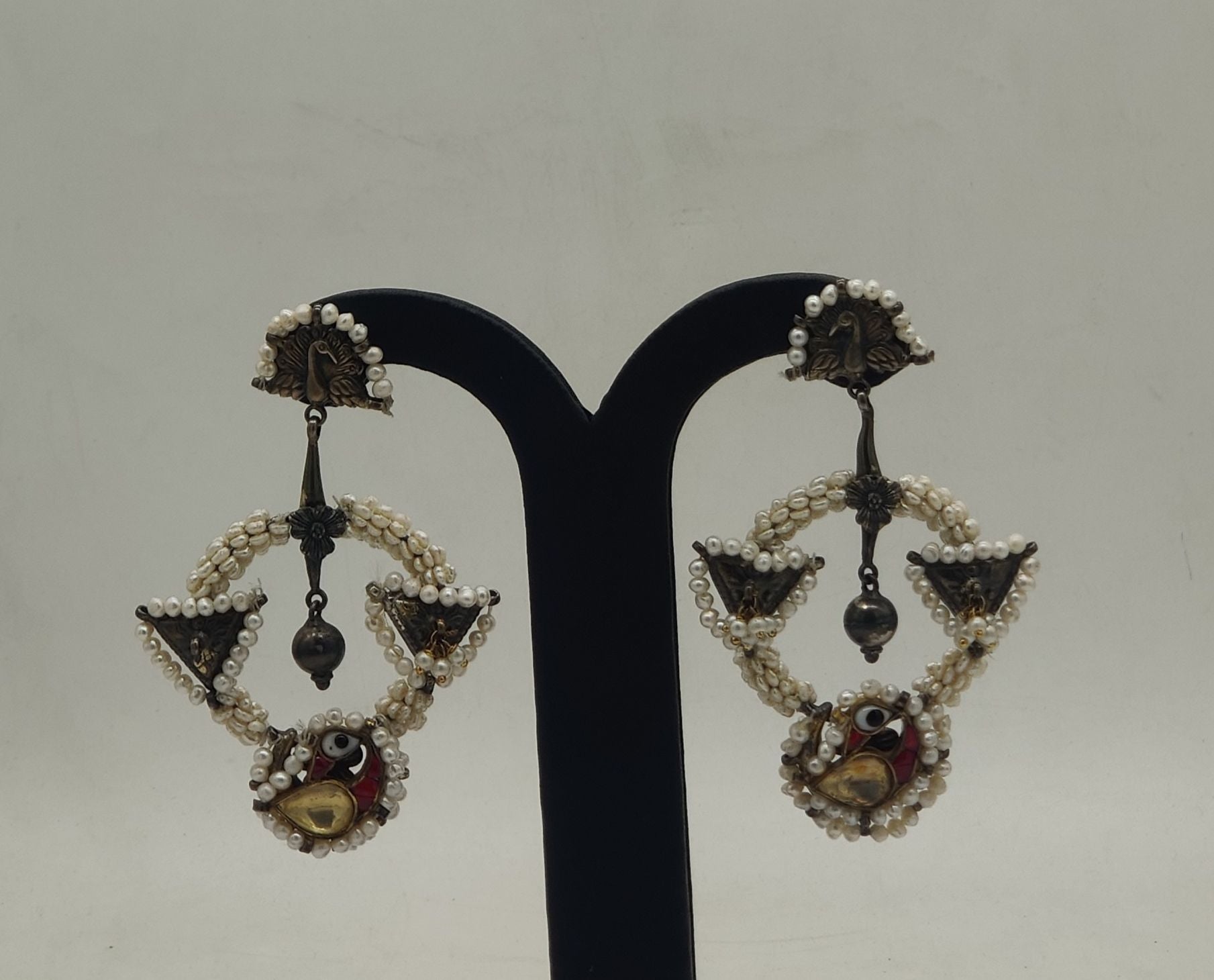 Nakhra pearl halo oxidized silver drop earrings with freshwater pearls and enamel accents