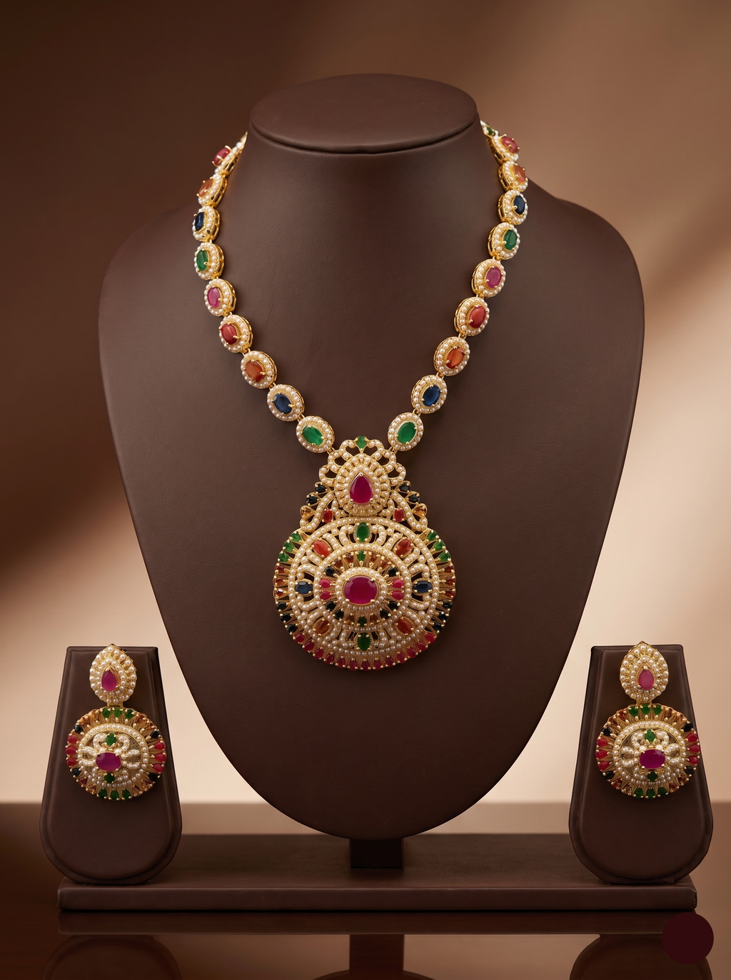 Navaratna multicolour stone necklace set with traditional gold-tone design and matching stud earrings.
