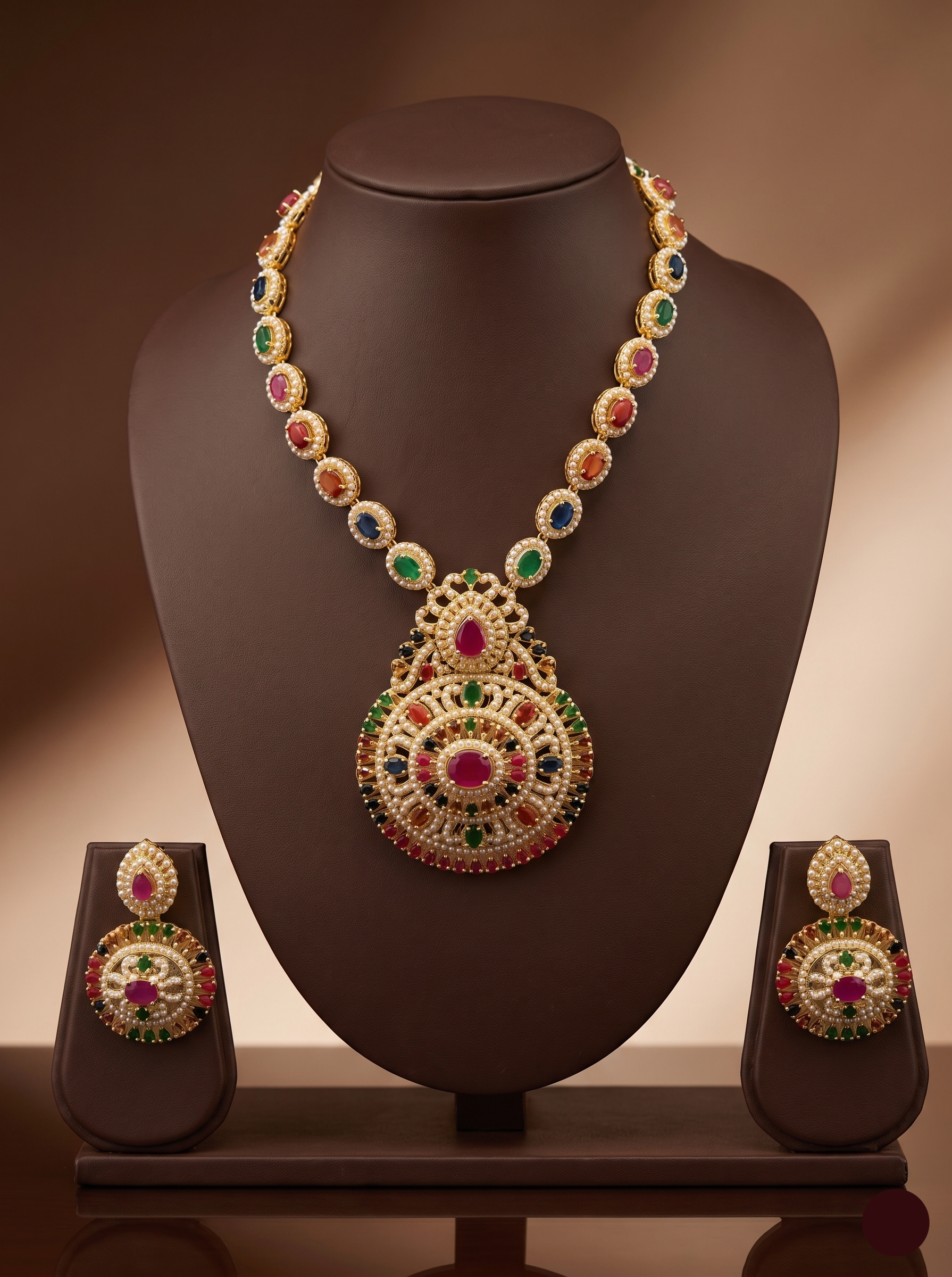Navaratna multicolour stone necklace set with traditional gold-tone design and matching stud earrings.