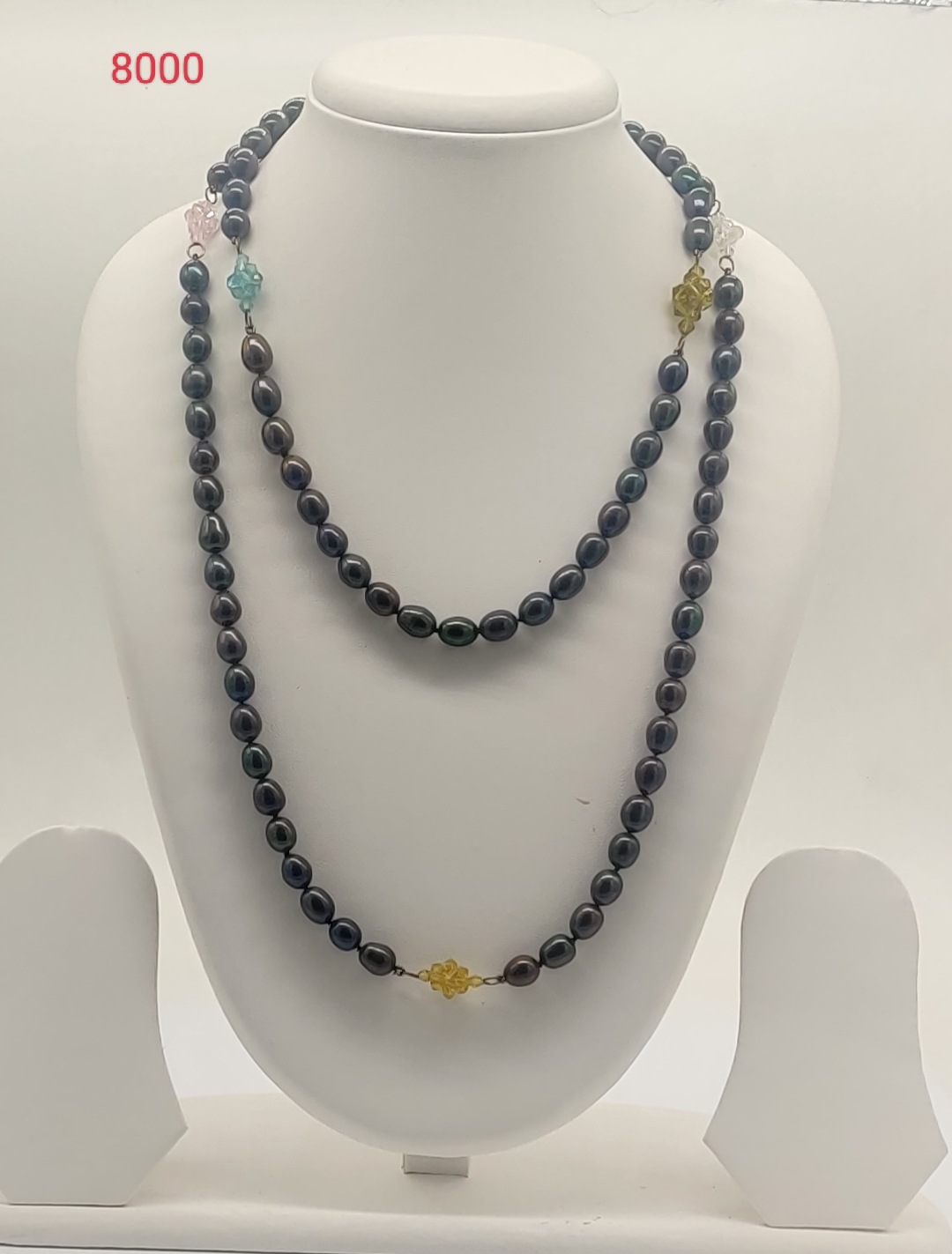 Night Bloom Garland freshwater pearl necklace with black oval pearls and colorful floral beads in layered design