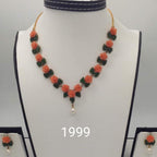 Hand-Carved Coral Rose Necklace Set in Orange with Green Leaves and Central Pearl Drop