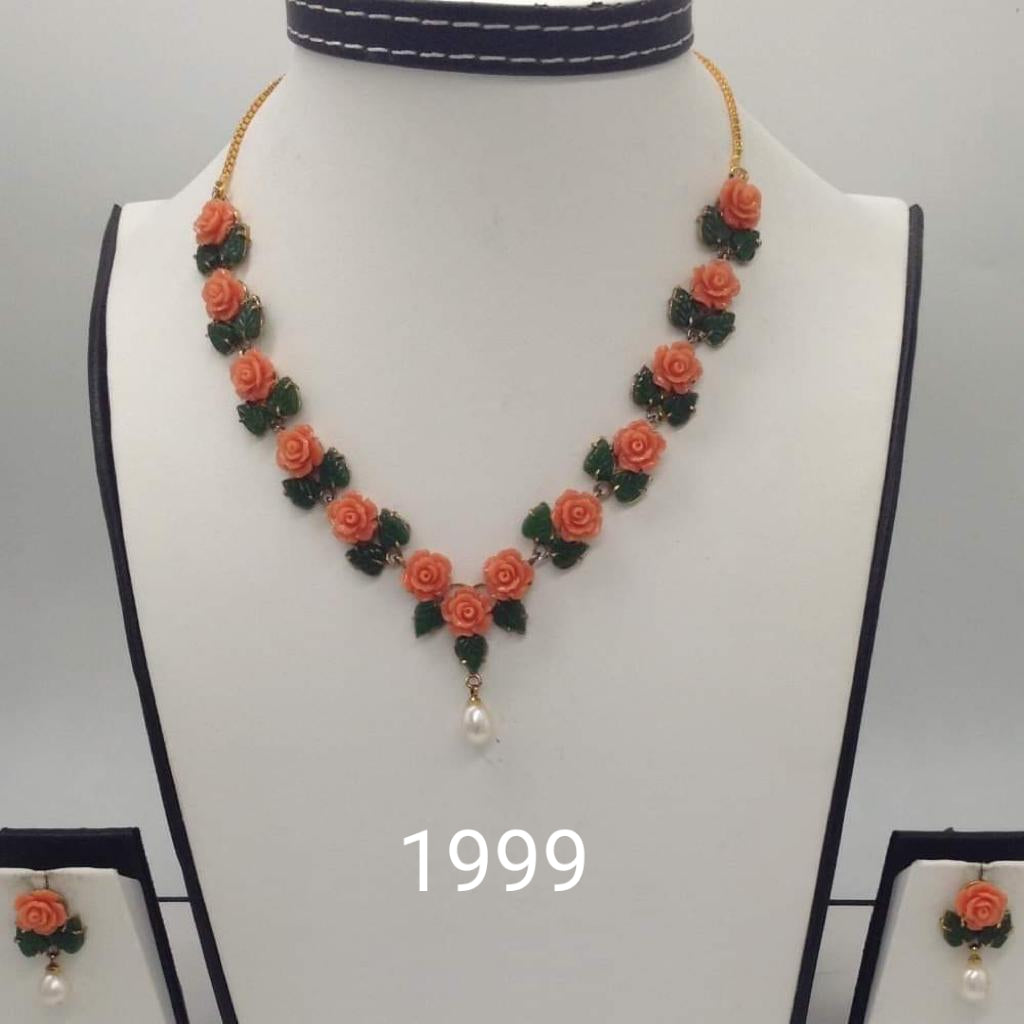 Hand-Carved Coral Rose Necklace Set in Orange with Green Leaves and Central Pearl Drop