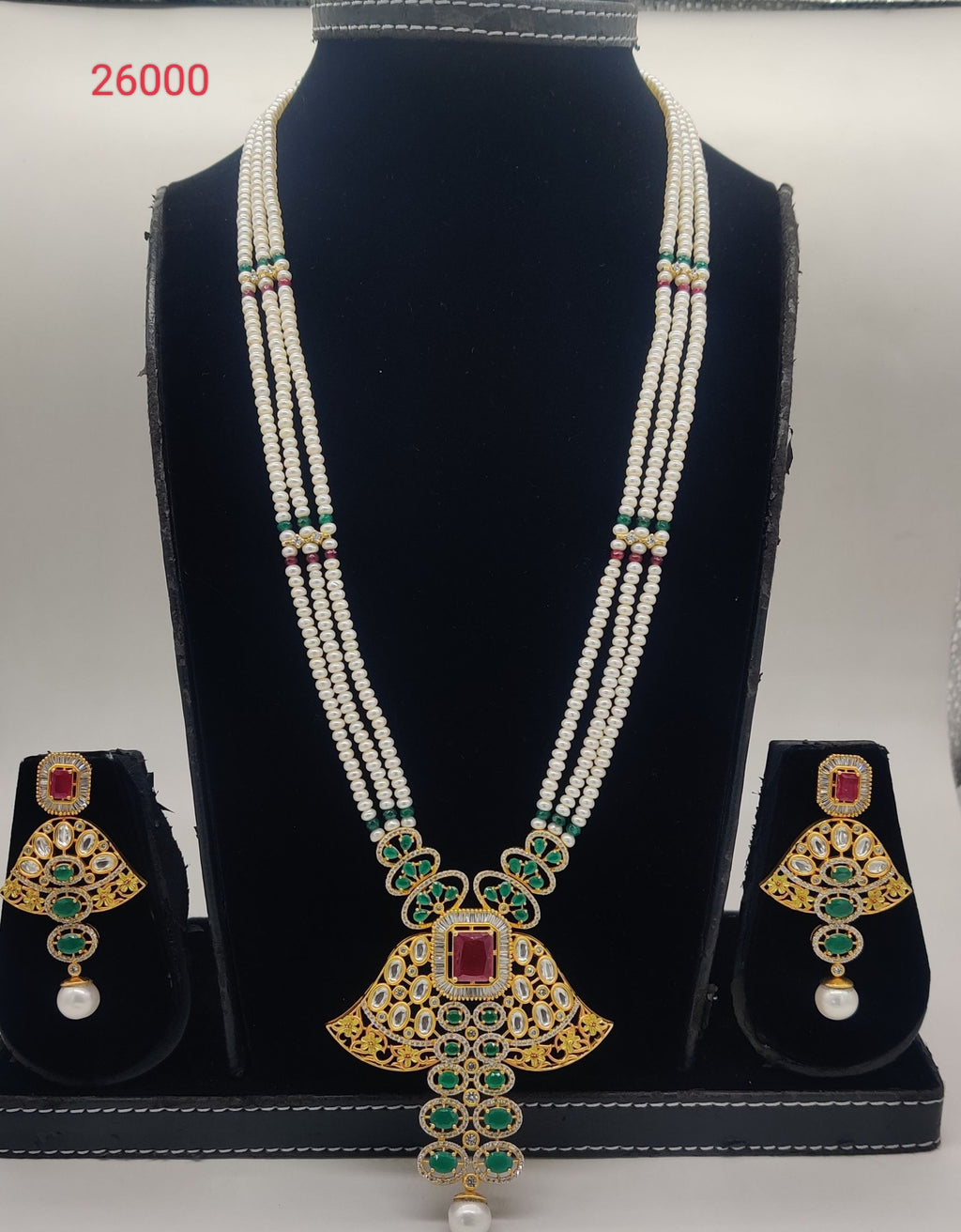 Three-line flat white freshwater pearl long pendant set