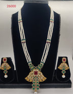 Three-line flat white freshwater pearl long pendant set