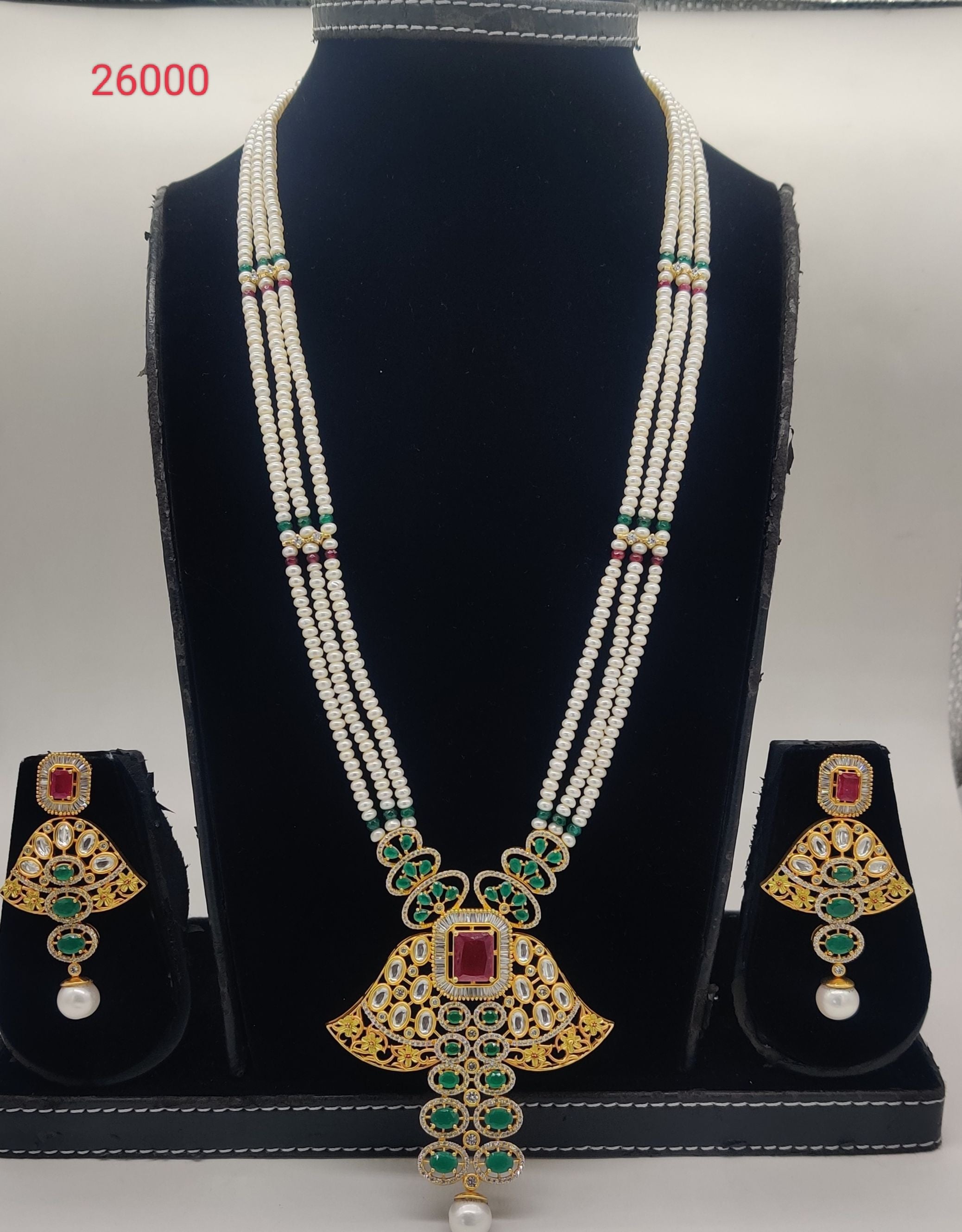 Three-line flat white freshwater pearl long pendant set