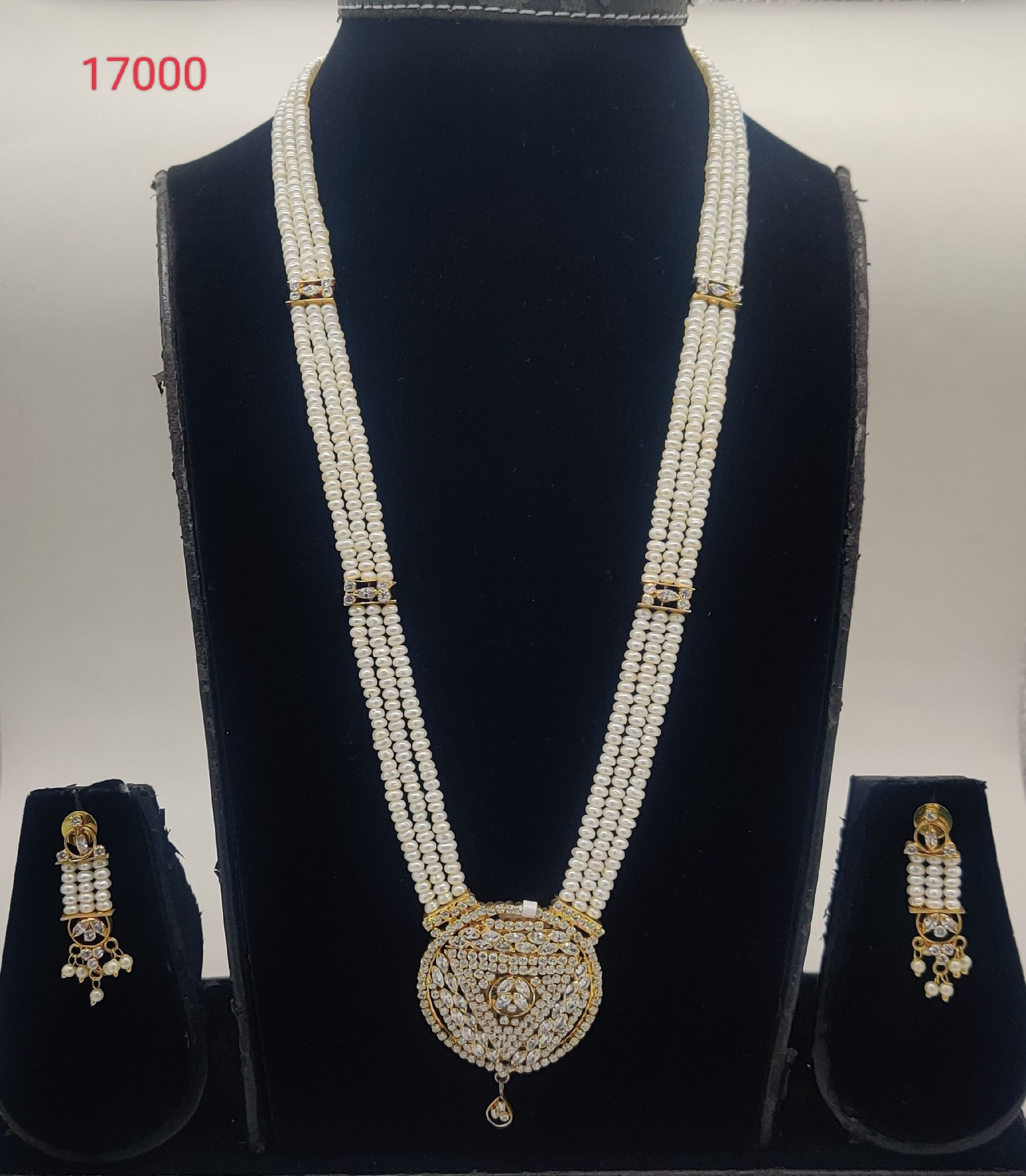 Divine Radiance three-line flat freshwater white pearl pendent set with crystal stone pendant and matching earrings