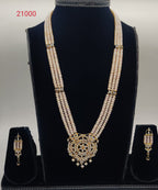Bloom Regal three-line light pink pearl pendent set with floral white stone pendant and matching earrings