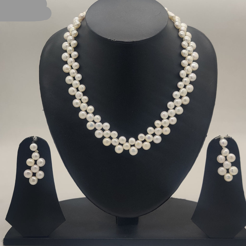 Floral grace double-strand freshwater pearl necklace set with graduated white pearls and matching drop earrings