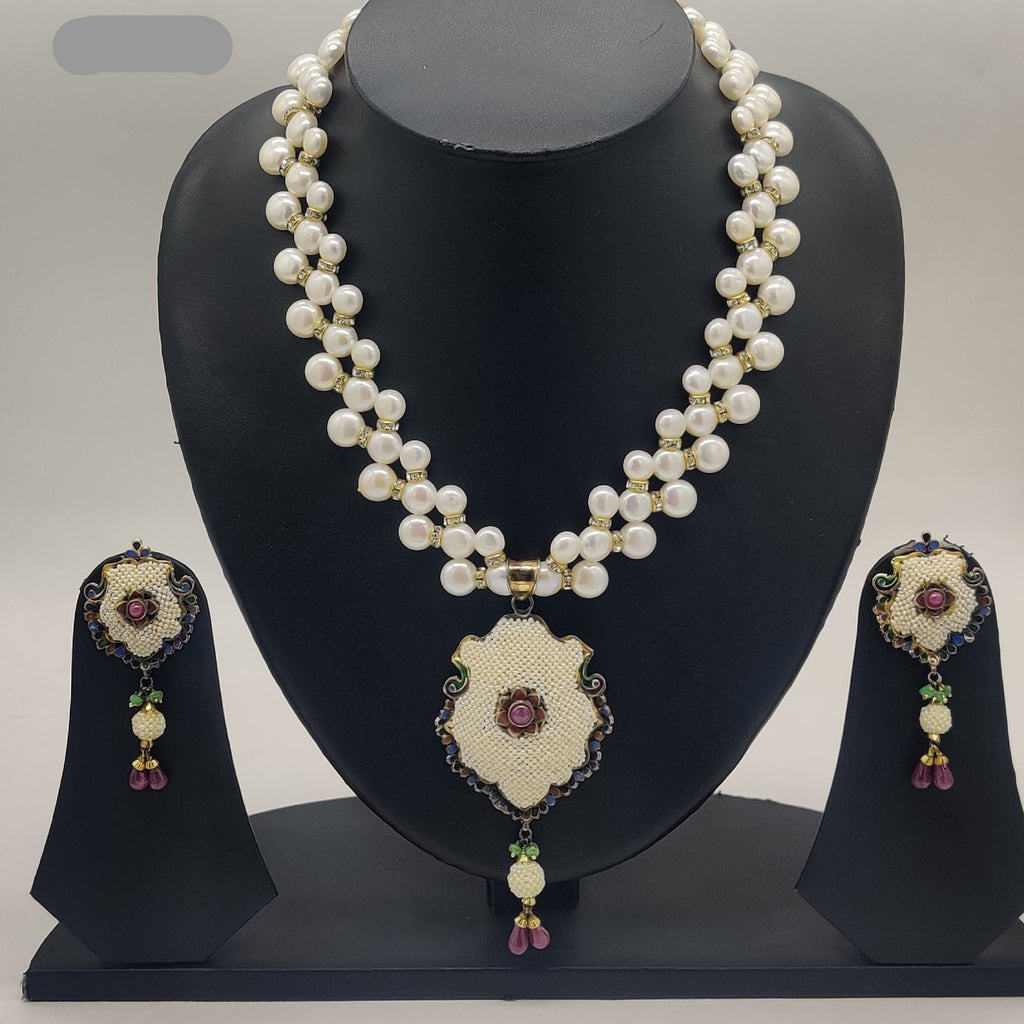 Floral majesty freshwater pearl necklace set with ornate floral pendant and multicolour stones