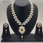 Floral majesty freshwater pearl necklace set with ornate floral pendant and multicolour stones