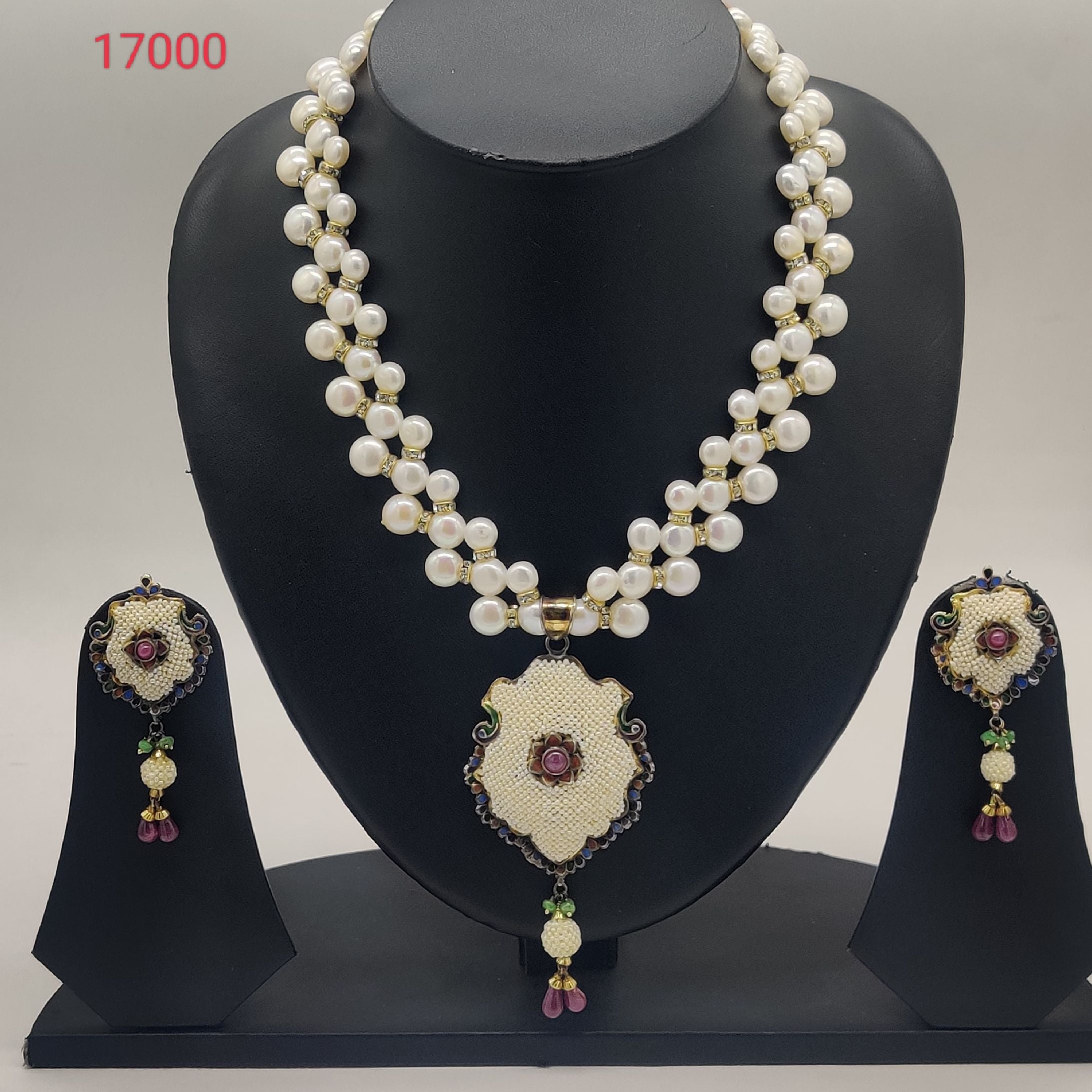 Floral majesty freshwater pearl necklace set with ornate floral pendant and multicolour stones