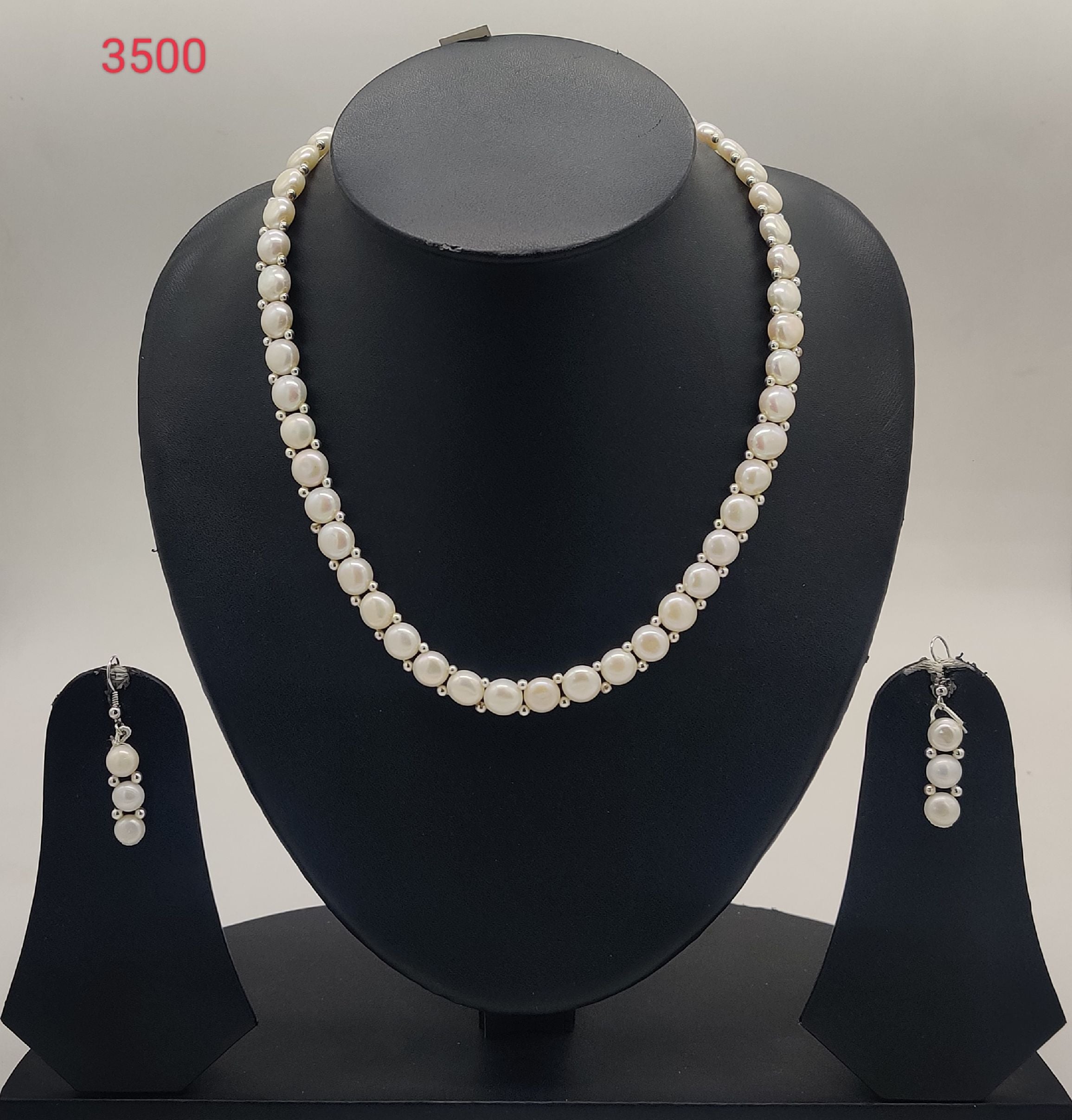 Minimal freshwater pearl necklace and earrings set with triple pearl drop earrings for women