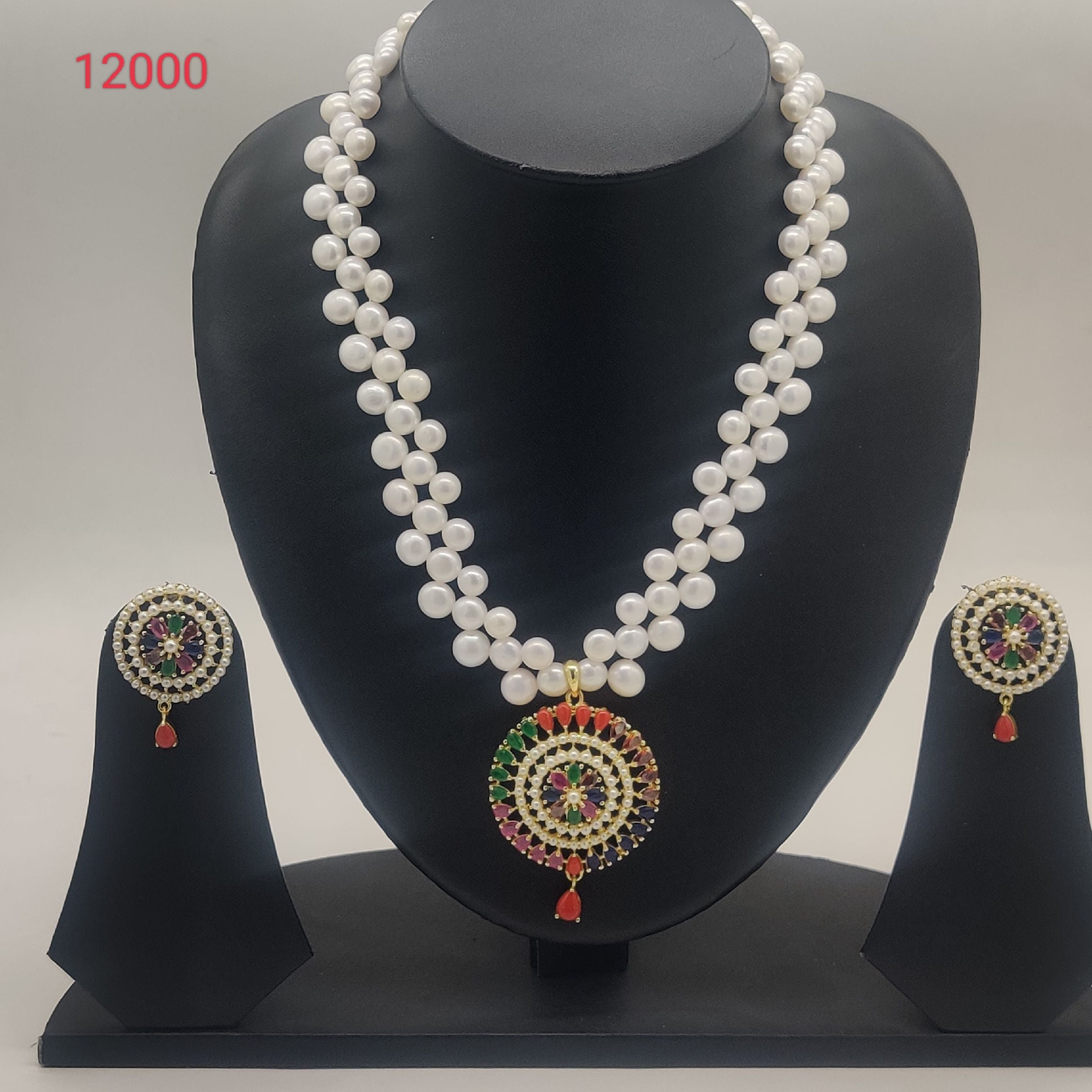 Amethyst bloom freshwater pearl multi-strand pendant set with purple floral design and matching dangling earrings