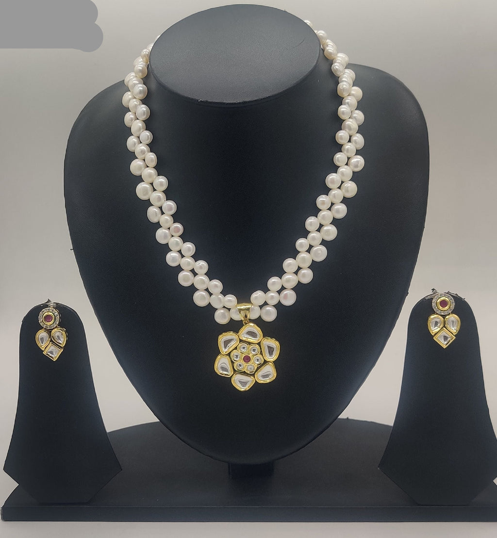 Black and white geometric freshwater pearl double-strand pendant set with square pendant and matching earrings