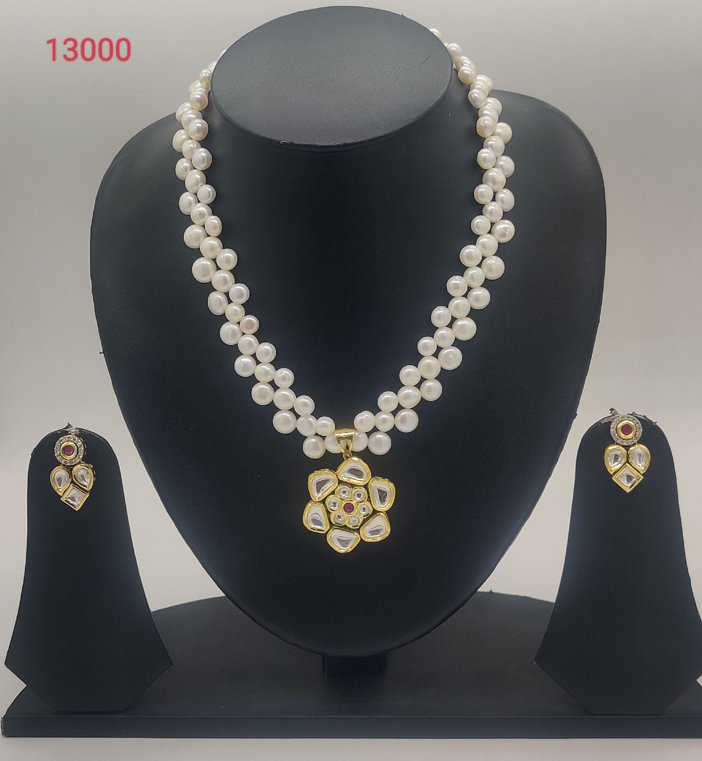 Black and white geometric freshwater pearl double-strand pendant set with square pendant and matching earrings