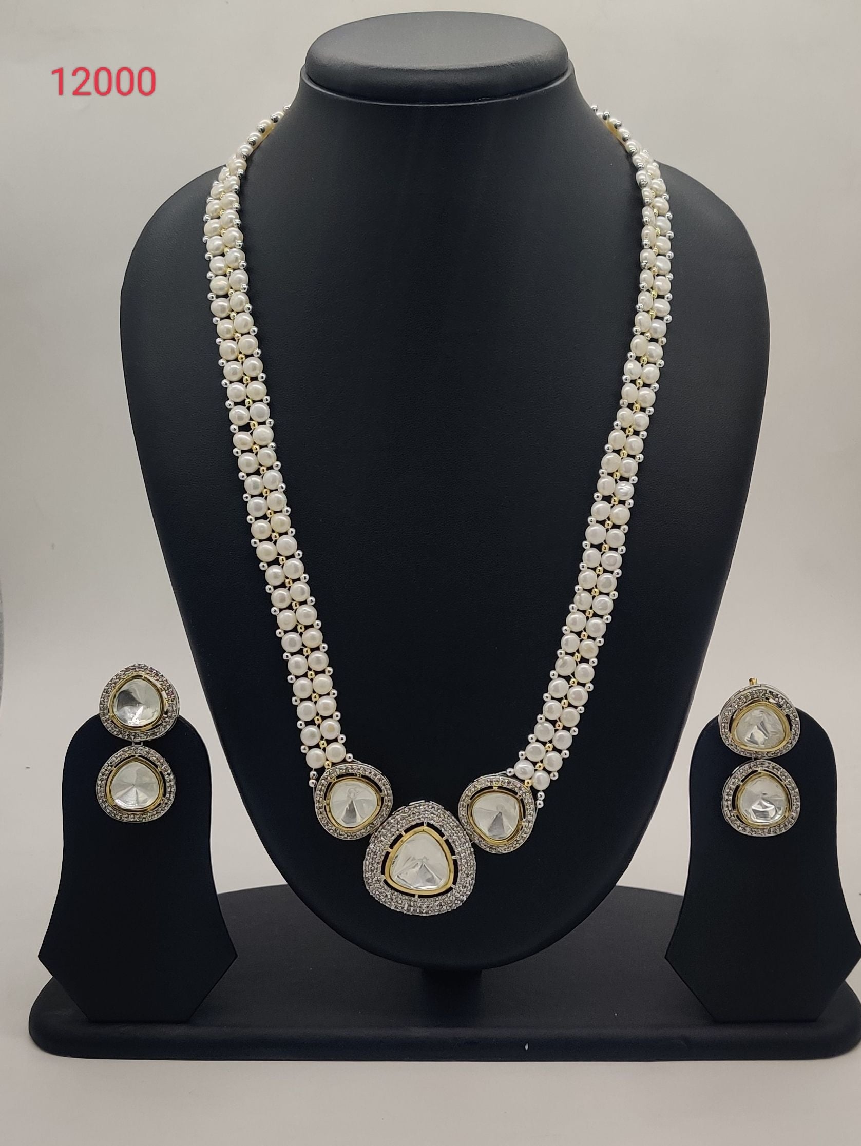 Royal Polki Layers long freshwater pearl necklace set with multi polki pendants and matching earrings