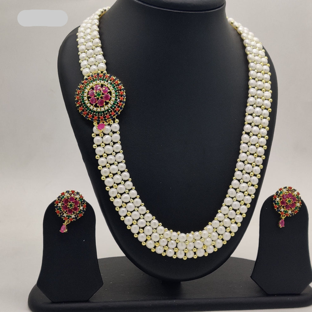 Multi-Layered Freshwater Pearl Broach Set with Colorful Circular Pendant & Matching Earrings