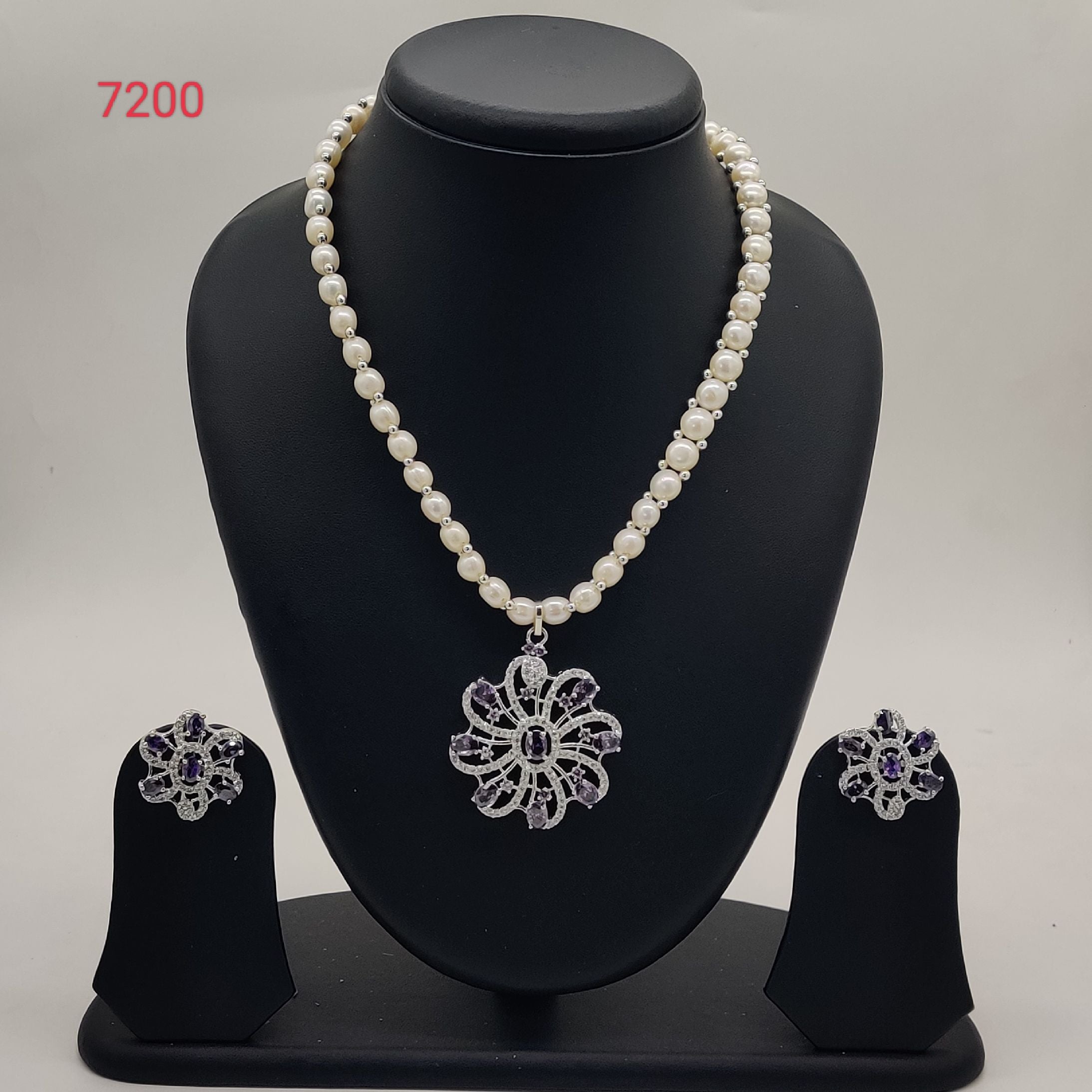 vViolet Shine freshwater pearls pendant set with silver-toned floral pendant and matching earrings for women