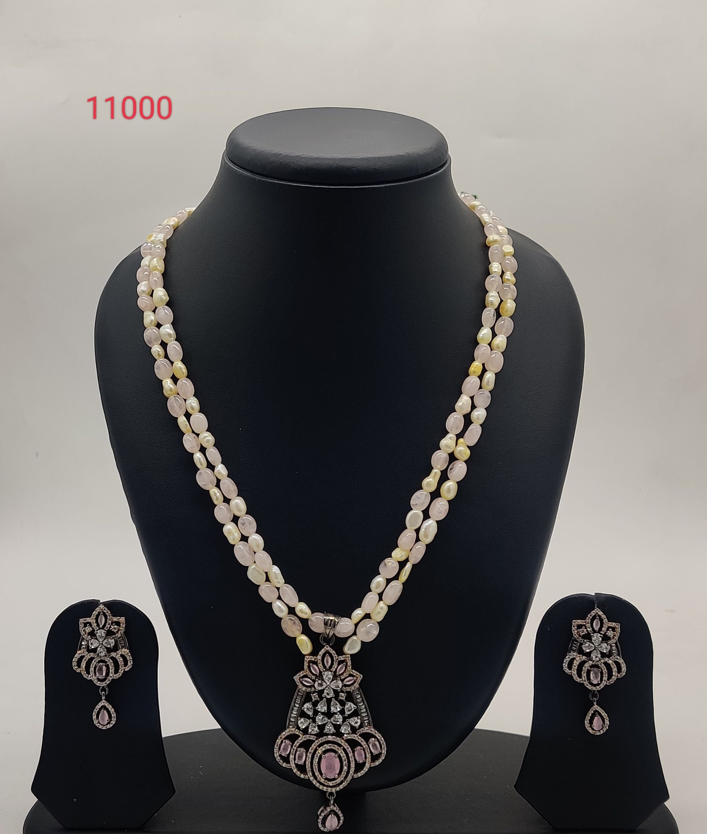 Rose Blush two-line oval freshwater pearl pendent set with white and pink pearls and pink gemstone pendant earrings