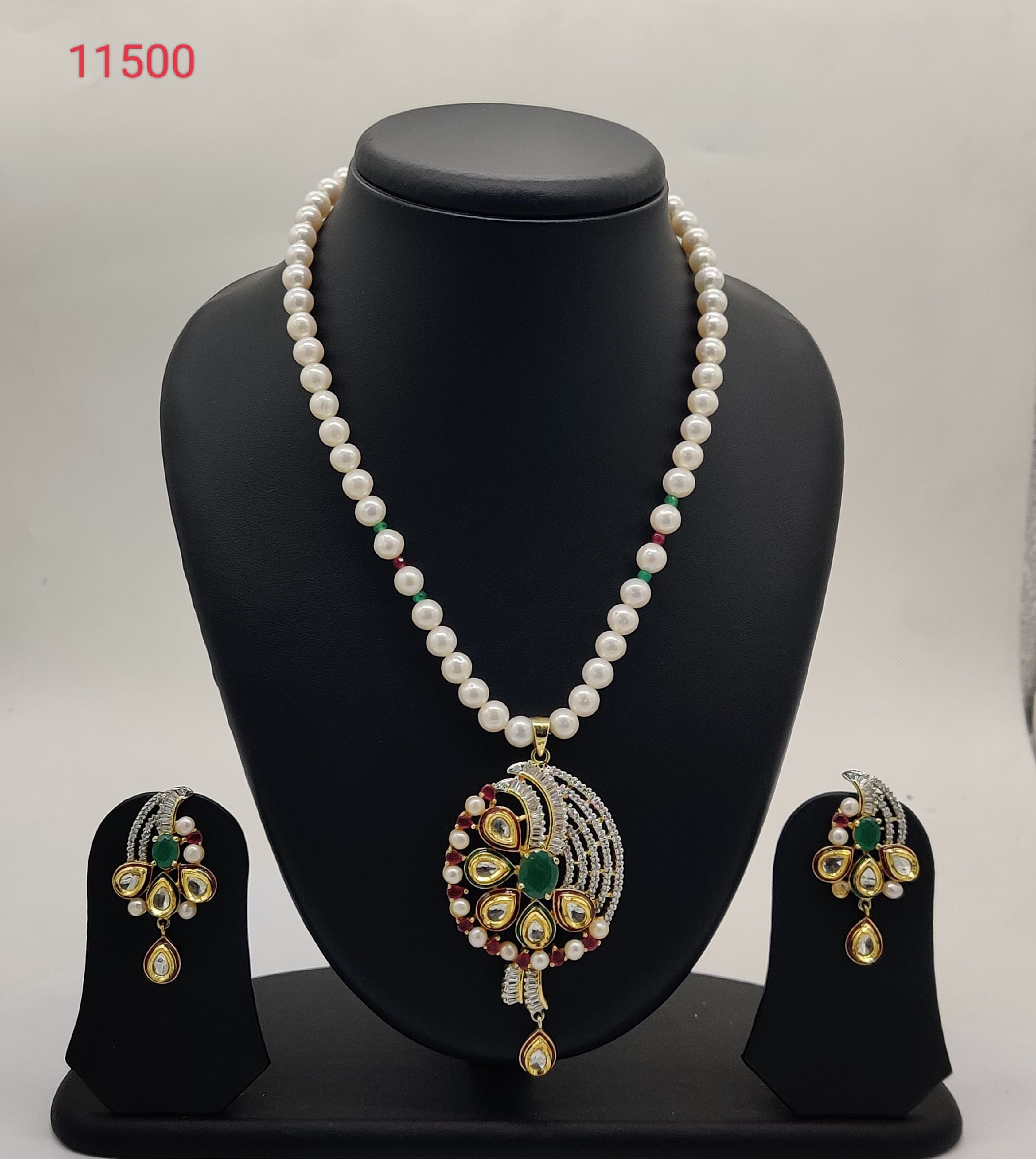 Floral Dusk freshwater pearl necklace and earrings set with green maroon floral pendant for women