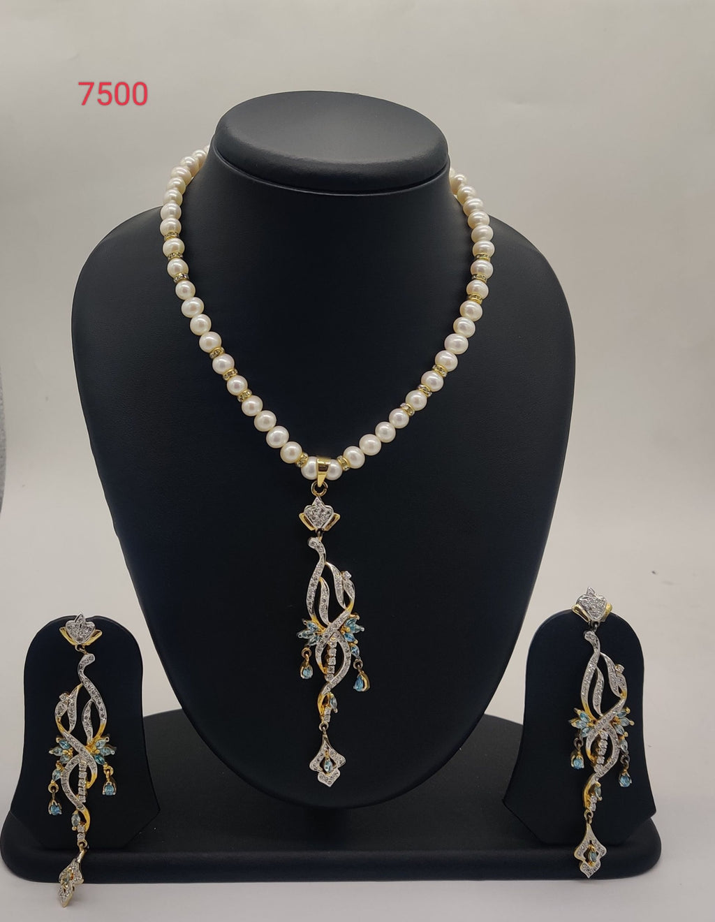 Blue Regal genuine freshwater pearl necklace and earrings set with sky blue gemstone pendant for women