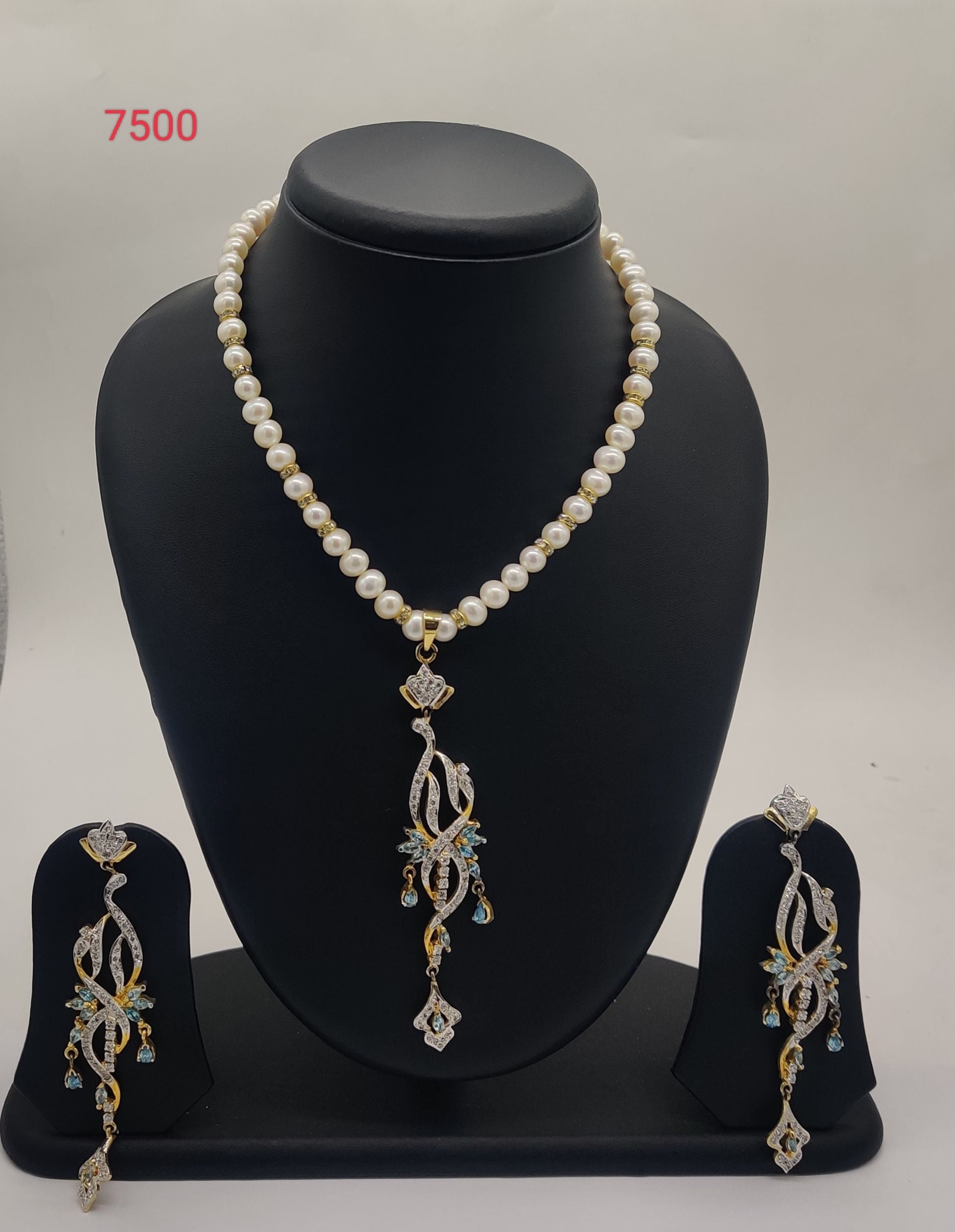 Blue Regal genuine freshwater pearl necklace and earrings set with sky blue gemstone pendant for women