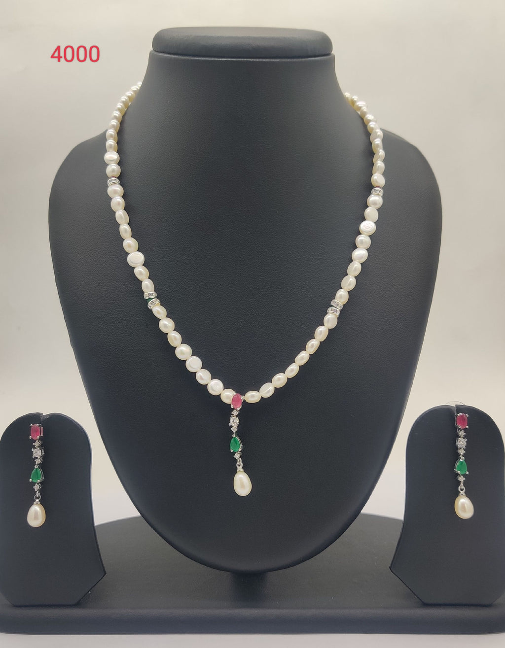 Gem Bloom genuine freshwater pearl necklace and earrings set with ruby emerald accents and pearl drop for women