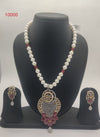 Ruby Radiance genuine freshwater pearl necklace and earrings set with ruby tone pendant and cubic zirconia for women
