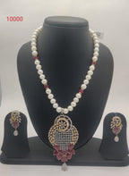 Ruby Radiance genuine freshwater pearl necklace and earrings set with ruby tone pendant and cubic zirconia for women