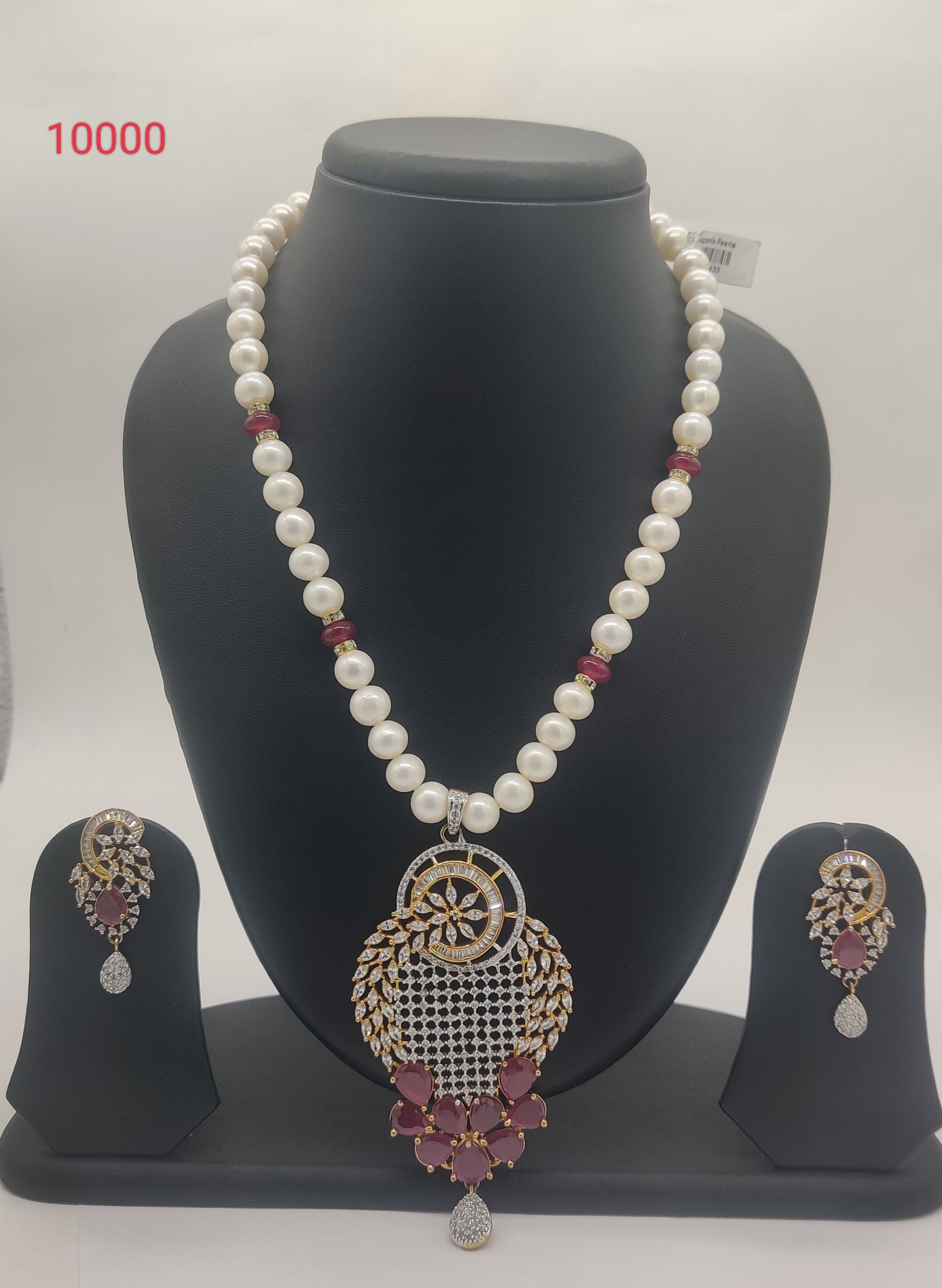 Ruby Radiance genuine freshwater pearl necklace and earrings set with ruby tone pendant and cubic zirconia for women