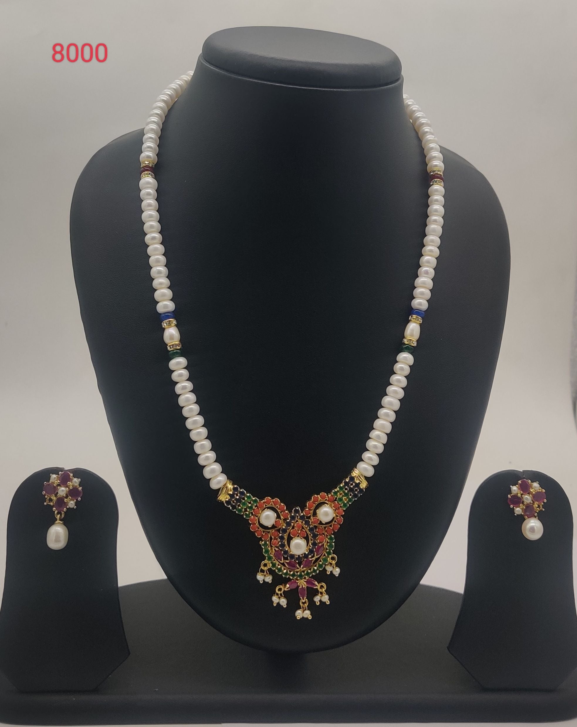 Festive Bloom genuine freshwater pearl necklace and earrings set with multicolour stone pendant and pearl drops for women