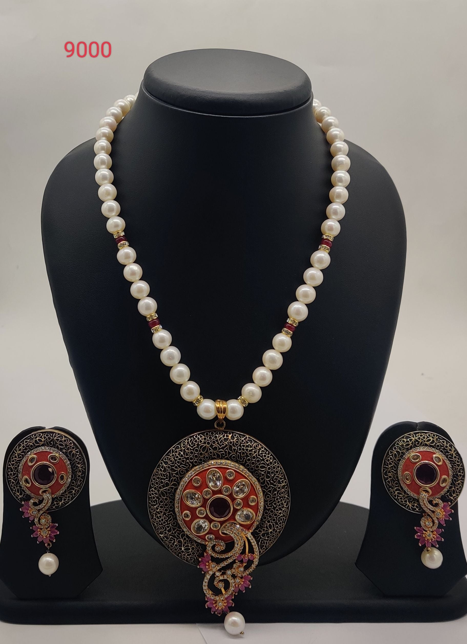 Enchanted Ruby genuine freshwater pearl necklace and earrings set with enamel pendant and pearl drop for women
