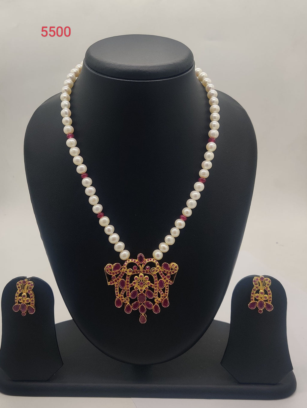 Ruby Filigree genuine freshwater pearl necklace and earrings set with red gemstone pendant and gold filigree for women