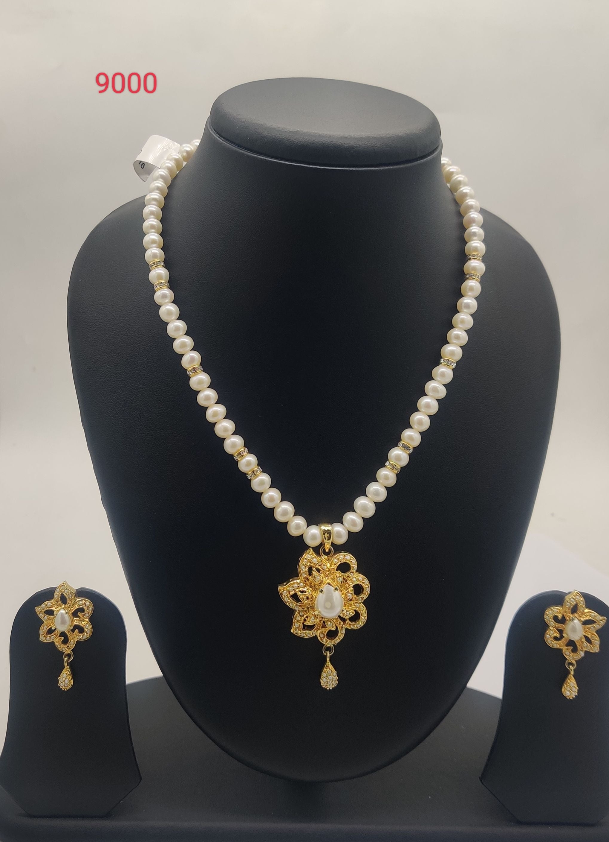 Golden Bloom genuine freshwater pearl necklace and earrings set with floral pendant and pearl drop for women