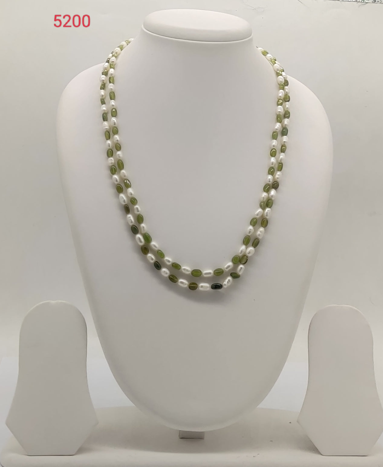 Pearl Grove � Double-Strand White Pearl & Green Bead Stone Necklace