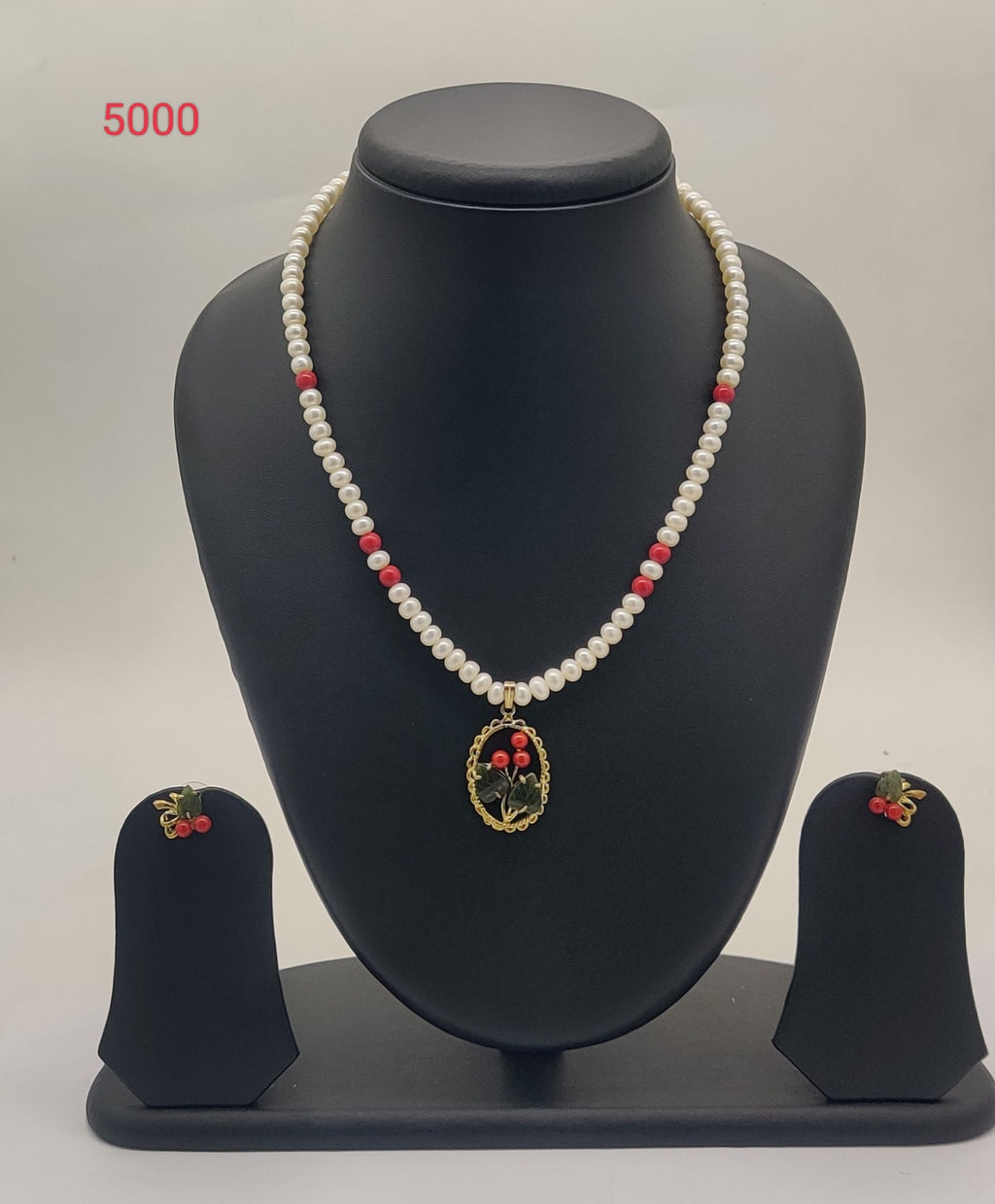Scarlet Blossom freshwater pearl necklace and earrings One Line Pendant Set with white pearls, red beads, and floral pendant