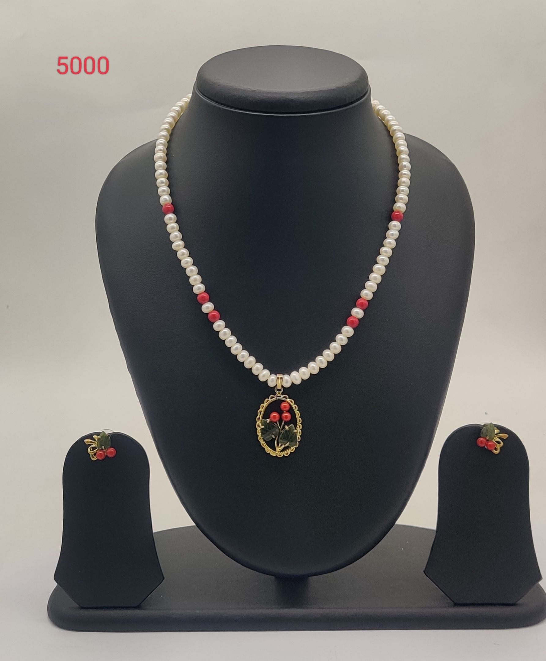 Scarlet Blossom freshwater pearl necklace and earrings One Line Pendant Set with white pearls, red beads, and floral pendant