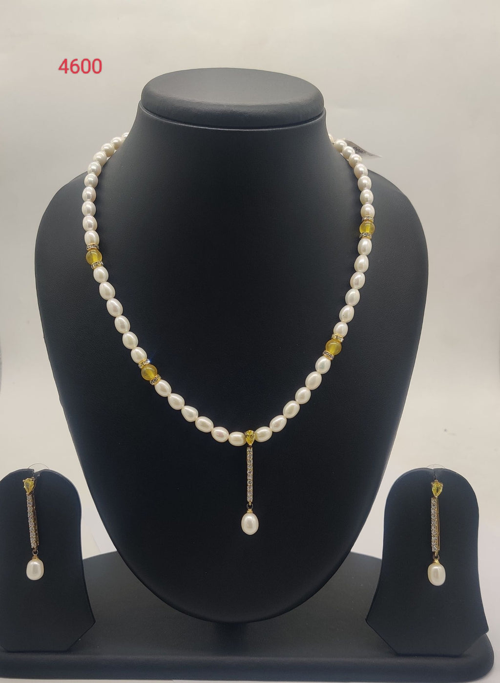 Golden Grace freshwater pearl necklace and earrings One Line Pendant Set with white pearls and yellow bead accents