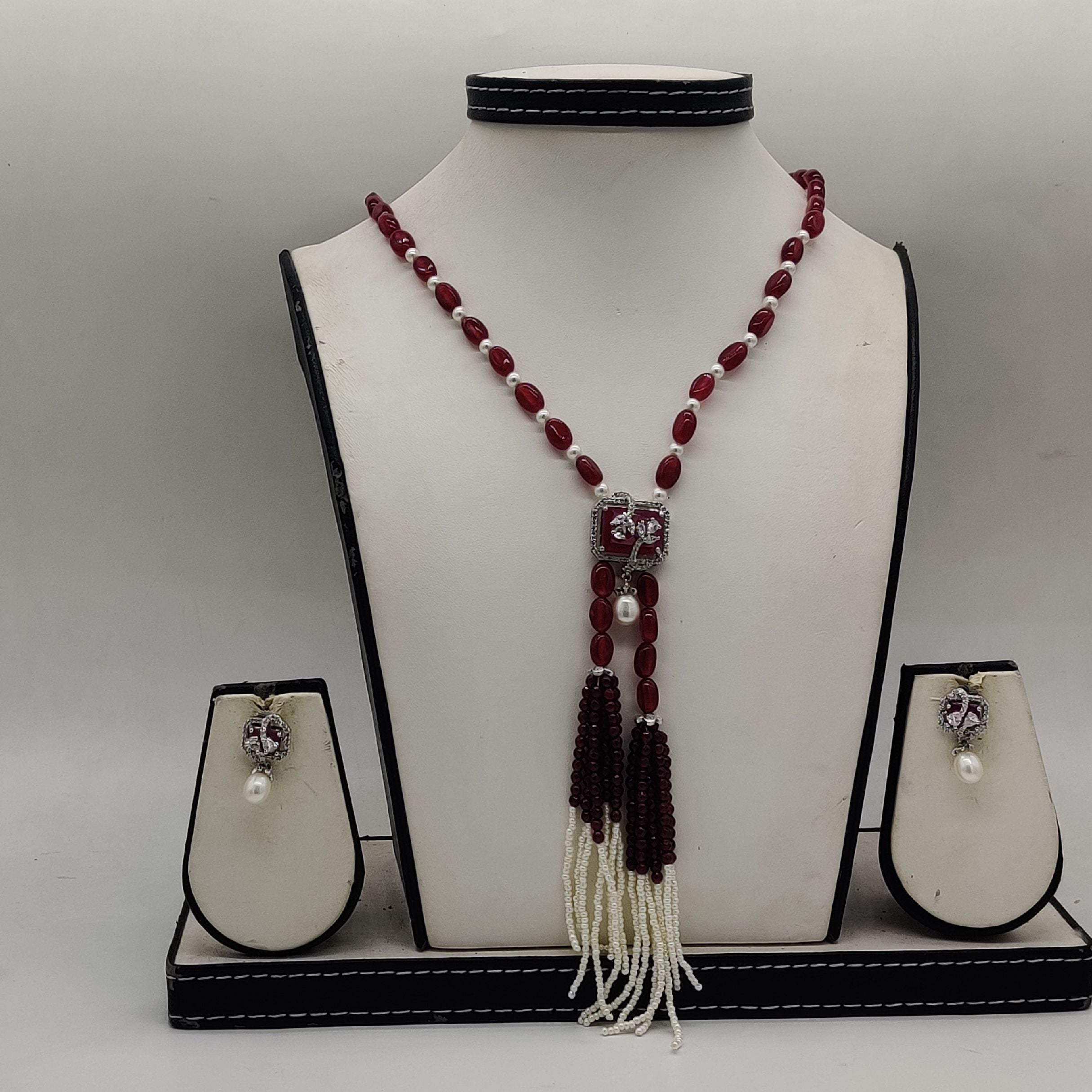 Crimson Tassel Beaded Pearl Fancy Pendent Set